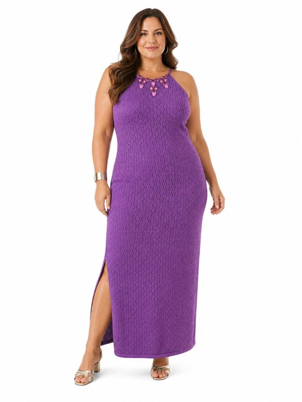 Boston Proper Crochet Halter Maxi Dress Amethyst Orchid Crystal Trim XL